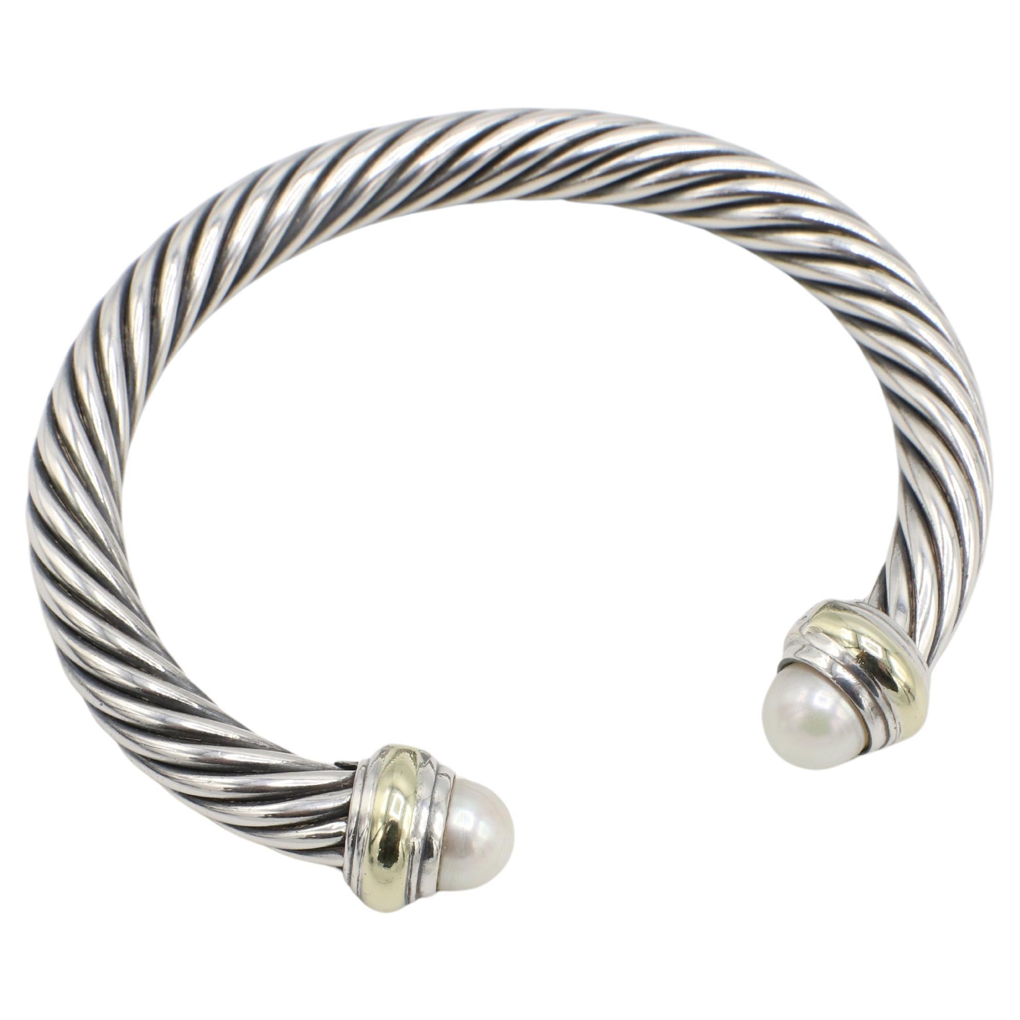 Modern David Yurman Cable Classic Sterling Silver & Gold Pearl Bangle Bracelet Cuff 7MM