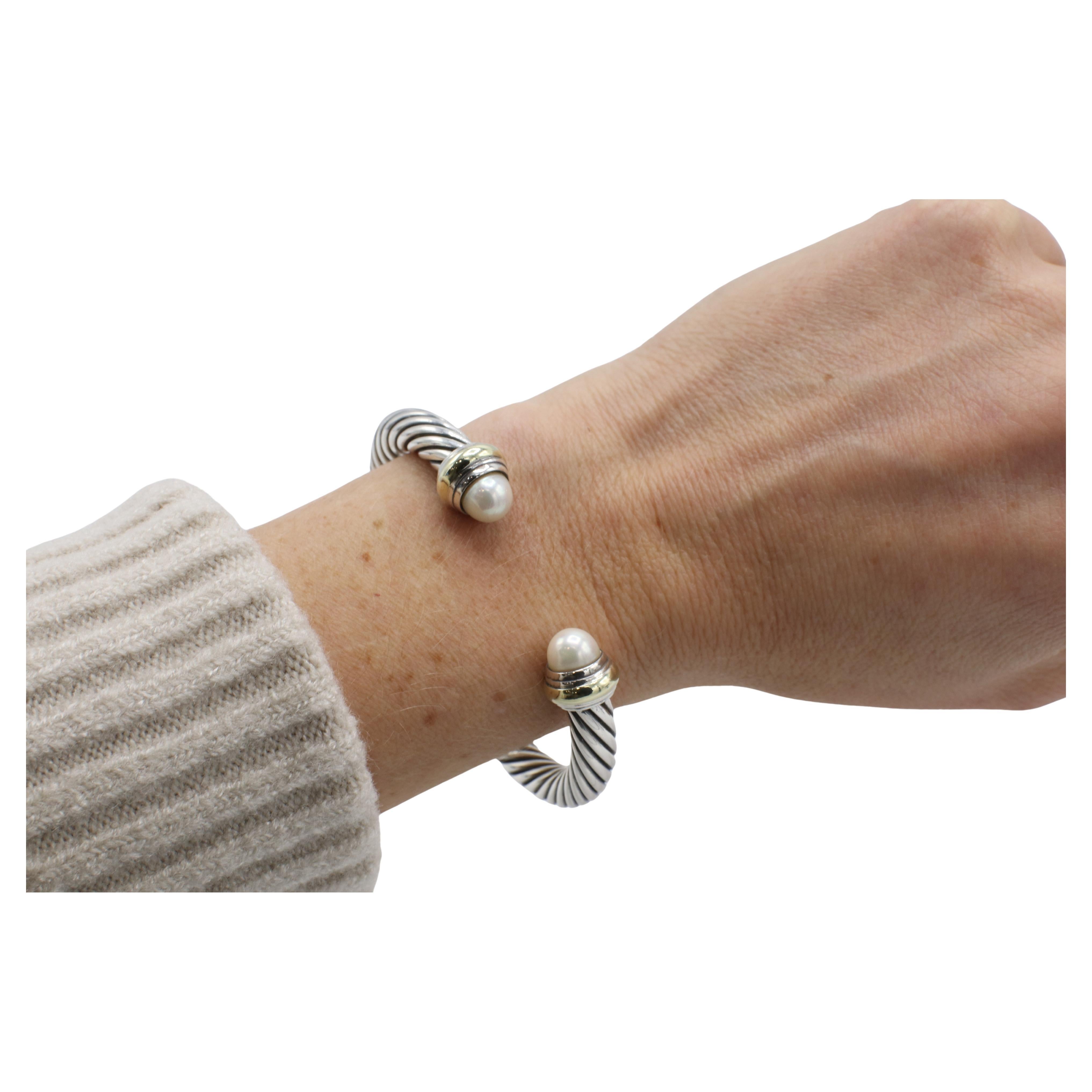 Cabochon David Yurman Cable Classic Sterling Silver & Gold Pearl Bangle Bracelet Cuff 7MM
