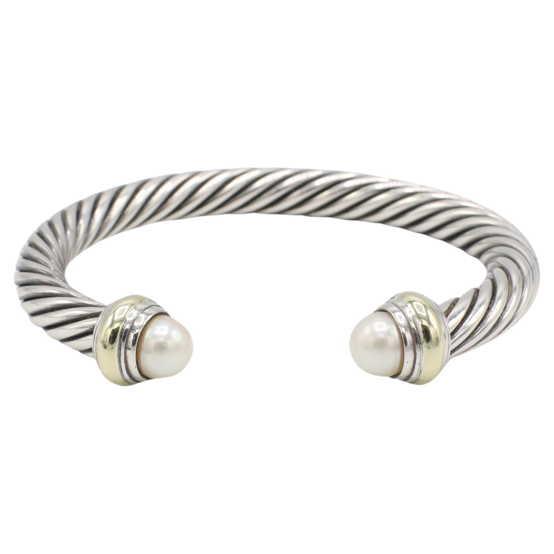 David Yurman Cable Classic Sterling Silver & Gold Pearl Bangle Bracelet Cuff 7MM