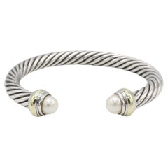 David Yurman Cable Classic Sterling Silver & Gold Pearl Bangle Bracelet Cuff 7MM