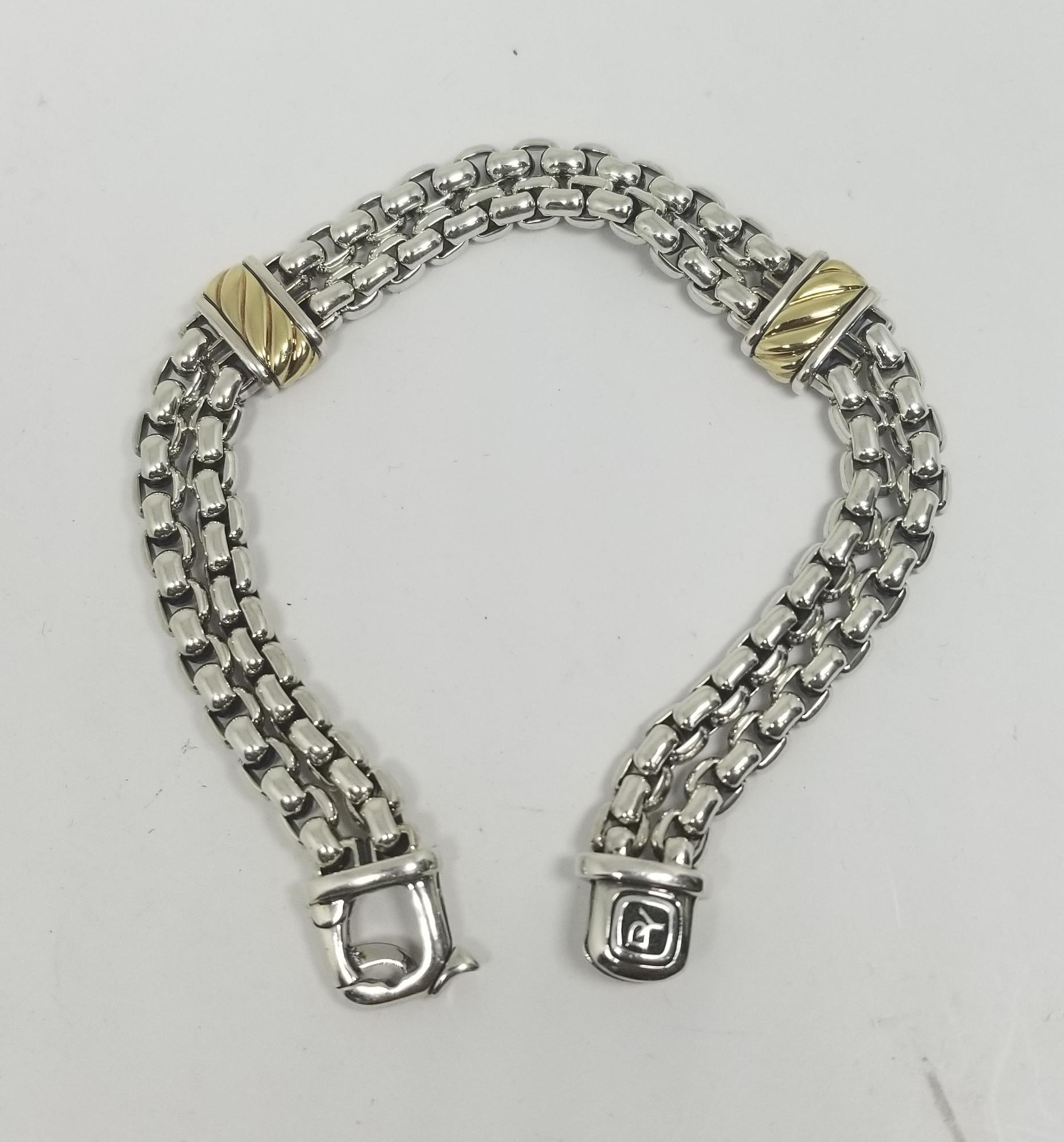 David Yurman Cable Classic Two-row Chain Bracelet with 18K Gold and Silver.  David Yurman’s artistic signature, Cable began as a bracelet that he hand-twisted from 50 feet of wire. For the past 30 years, he has evolved the twisted helix into a