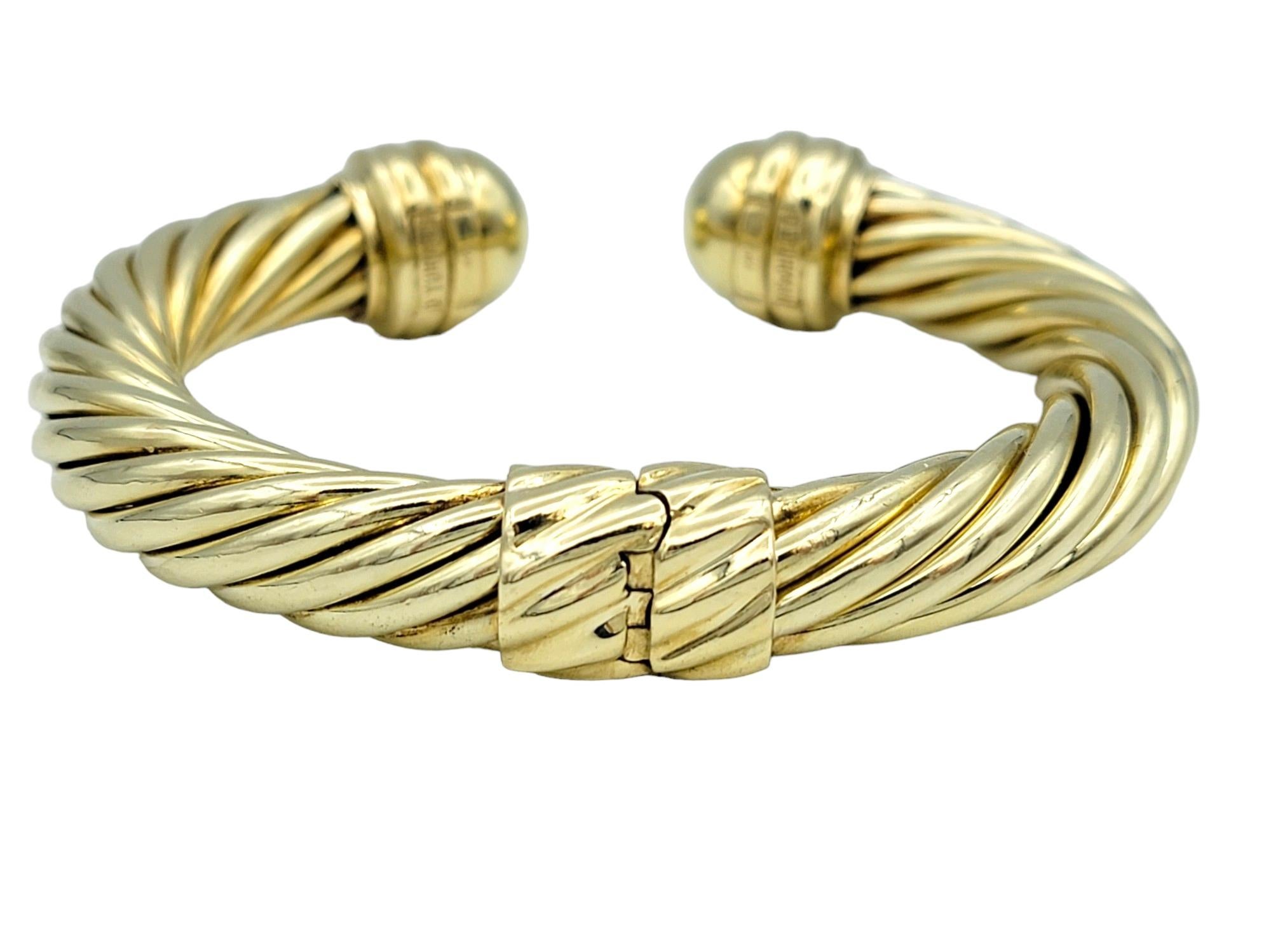 Contemporary David Yurman Cable Classics 10 mm Hinged Cuff Bracelet in 14 Karat Yellow Gold For Sale