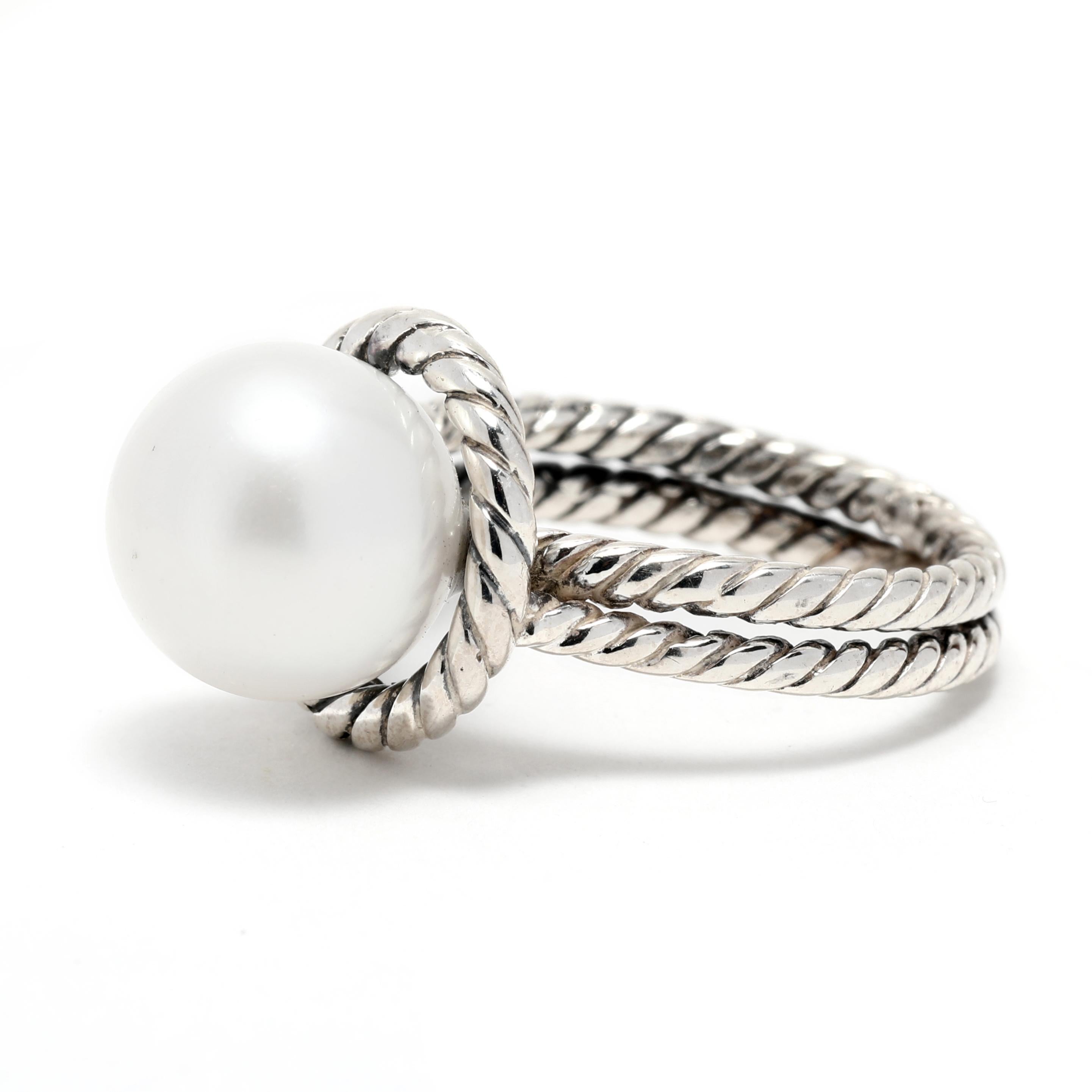 David Yurman Cable Classics Pearl Cocktail Ring, Sterling Silver, Ring In Good Condition In McLeansville, NC