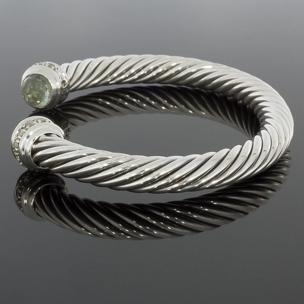 David Yurman Cable Classics Sterling Silver Prasiolite and Diamond Cuff Bracelet In Excellent Condition In Columbia, MO