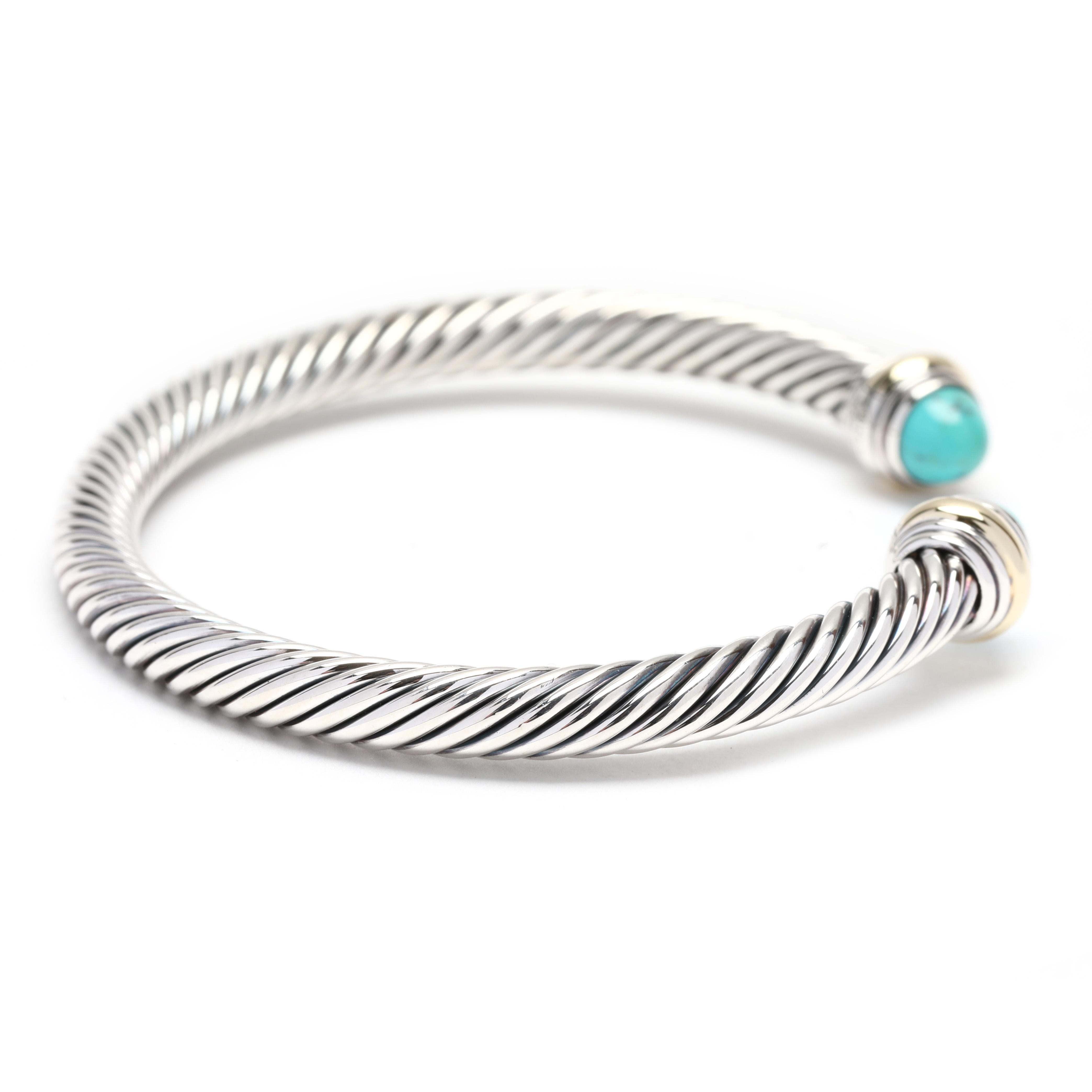 This eye-catching David Yurman Cable Classics Turquoise Cuff Bracelet is sure to make a statement! This luxurious bracelet is crafted of 14K yellow gold and sterling silver and features a medium turquoise cabochon at the center of the cuff. The