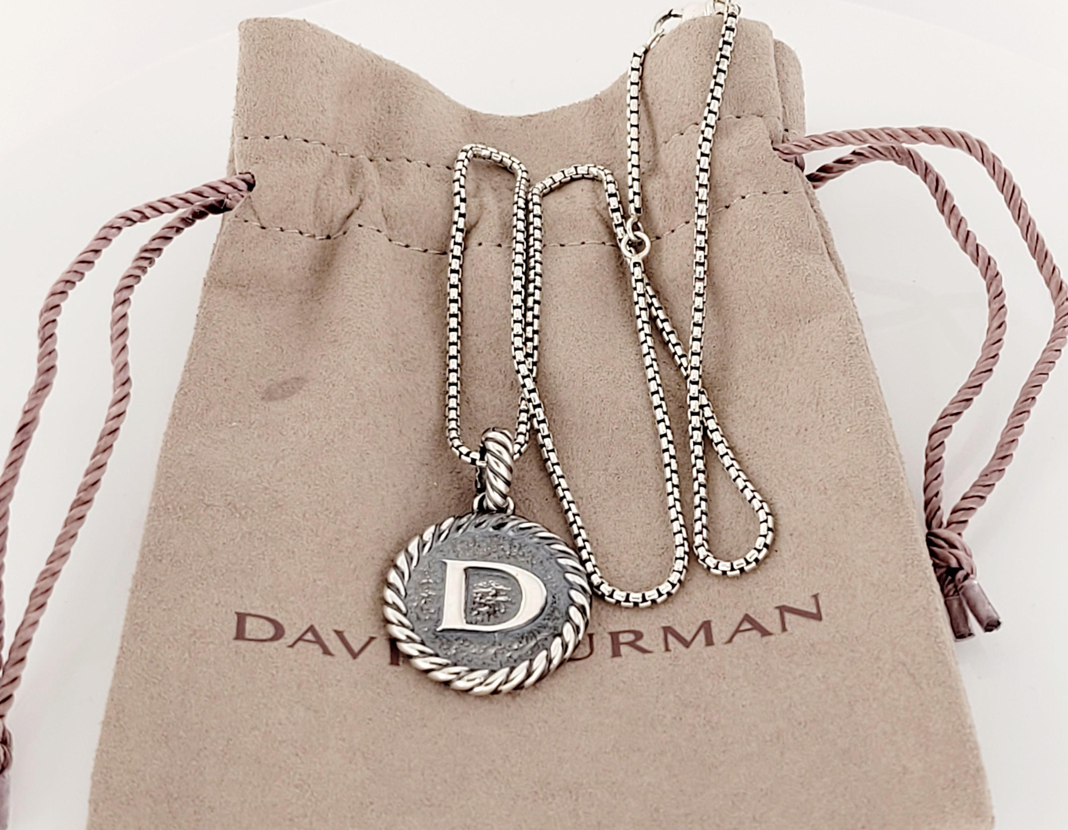 DAVID YURMAN Cable Collectibles D Initial Charm Pendant Enhancer sterling silver 
Pendant chain together 
Pendant shape round 23.8 x 23.8 
Chain length 17.5'' Long 
Chain Adjustable 16''  17.5''
Condition New, never worn 
Comes with David Yurman