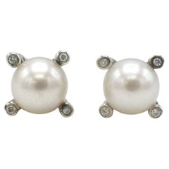 David Yurman Cable Collection Sterling Silver Pearl & Diamond Stud Earrings