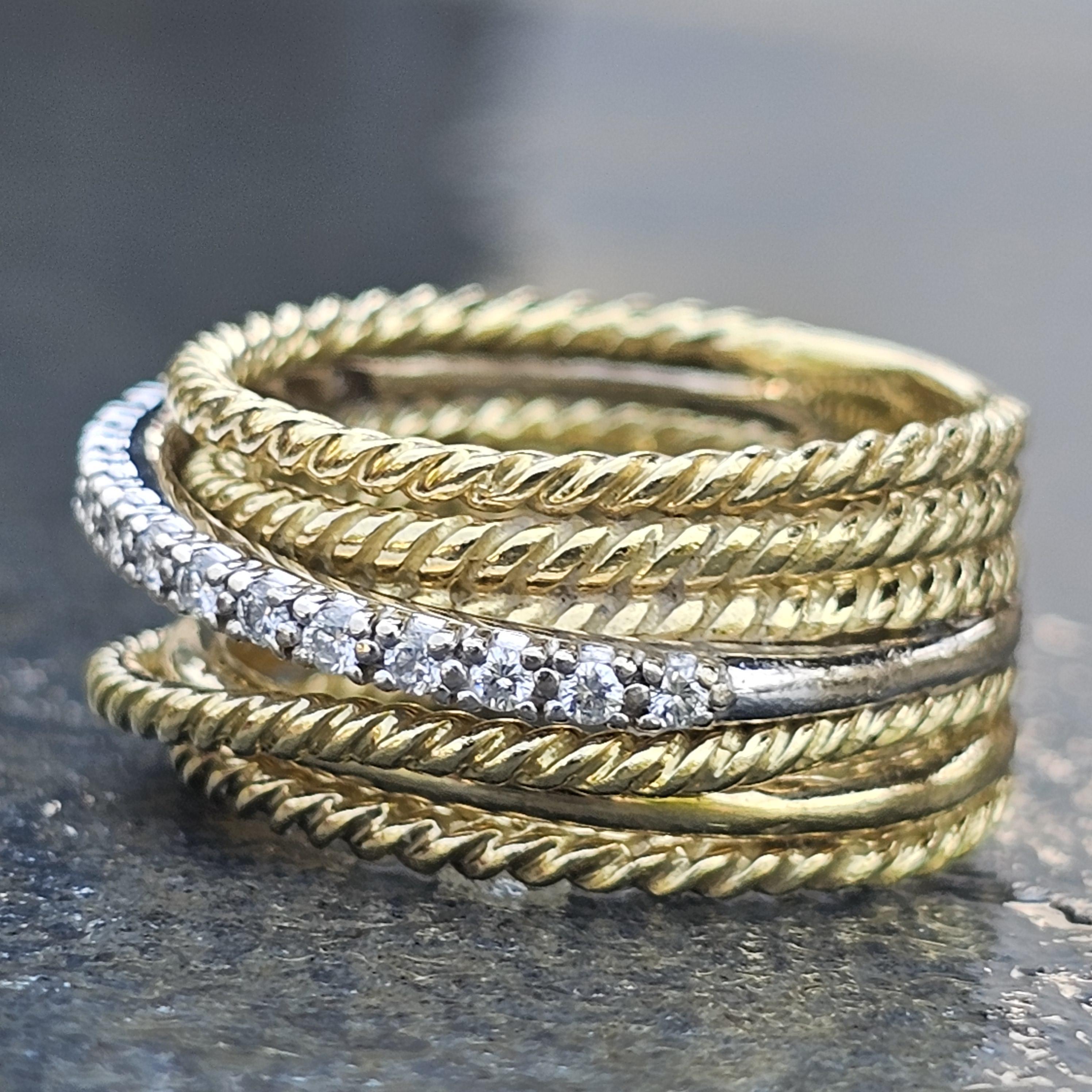 David Yurman Kabel Crossover Ring Band 7 Reihe Diamant 18k Gold sz 6,75 10,3g 10mm (Rundschliff) im Angebot