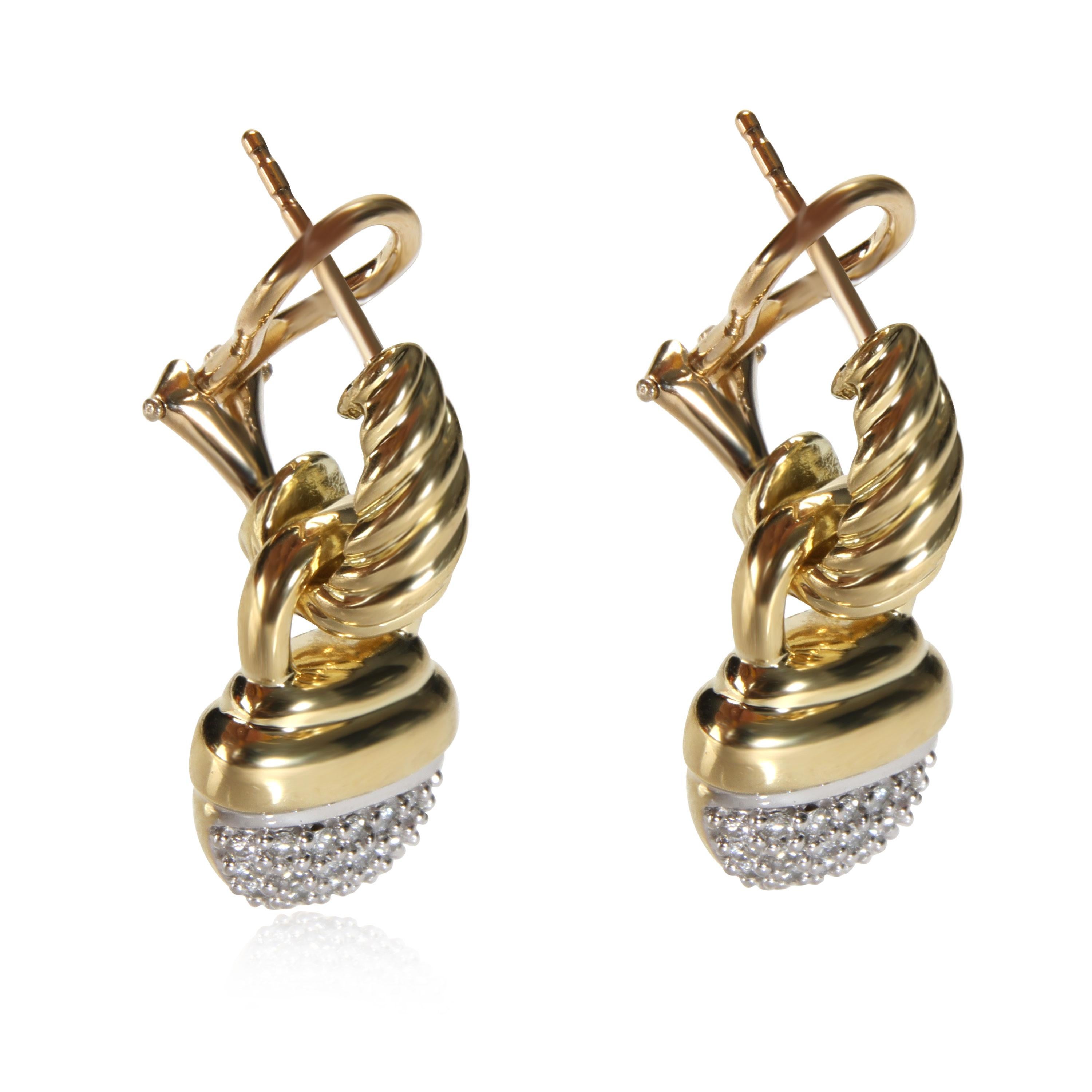 David Yurman Cable Diamond Acorn Drop Earring in 18K Yellow Gold 0.64 CTW In Excellent Condition In New York, NY