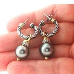 David Yurman Cable Diamond Tahitian Pearl Sterling Silver 18k Gold Drop Earrings