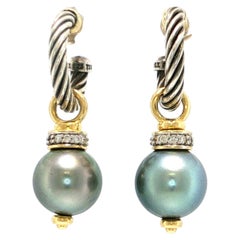 David Yurman Cable Diamond Tahitian Pearl Sterling Silver 18k Gold Drop Earrings