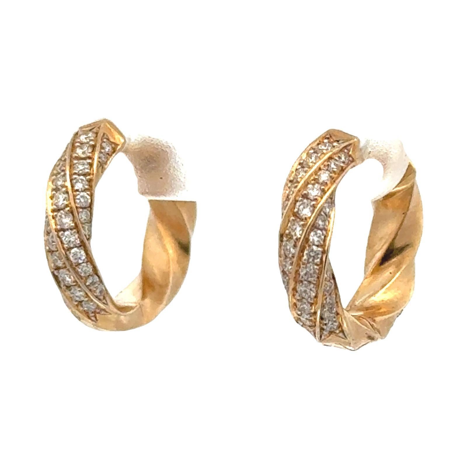Modern David Yurman Cable Edge Diamond 18 Karat Yellow Gold Huggie Hoop Earrings