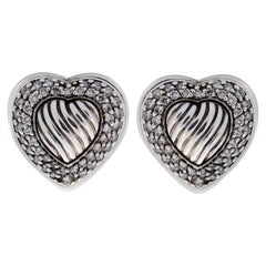 David Yurman Cable Heart Sterling Silver 0.90ct Round Diamond Studded Earrings