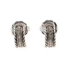 David Yurman Cable Huggie Earrings Sterling Silver and Diamonds
