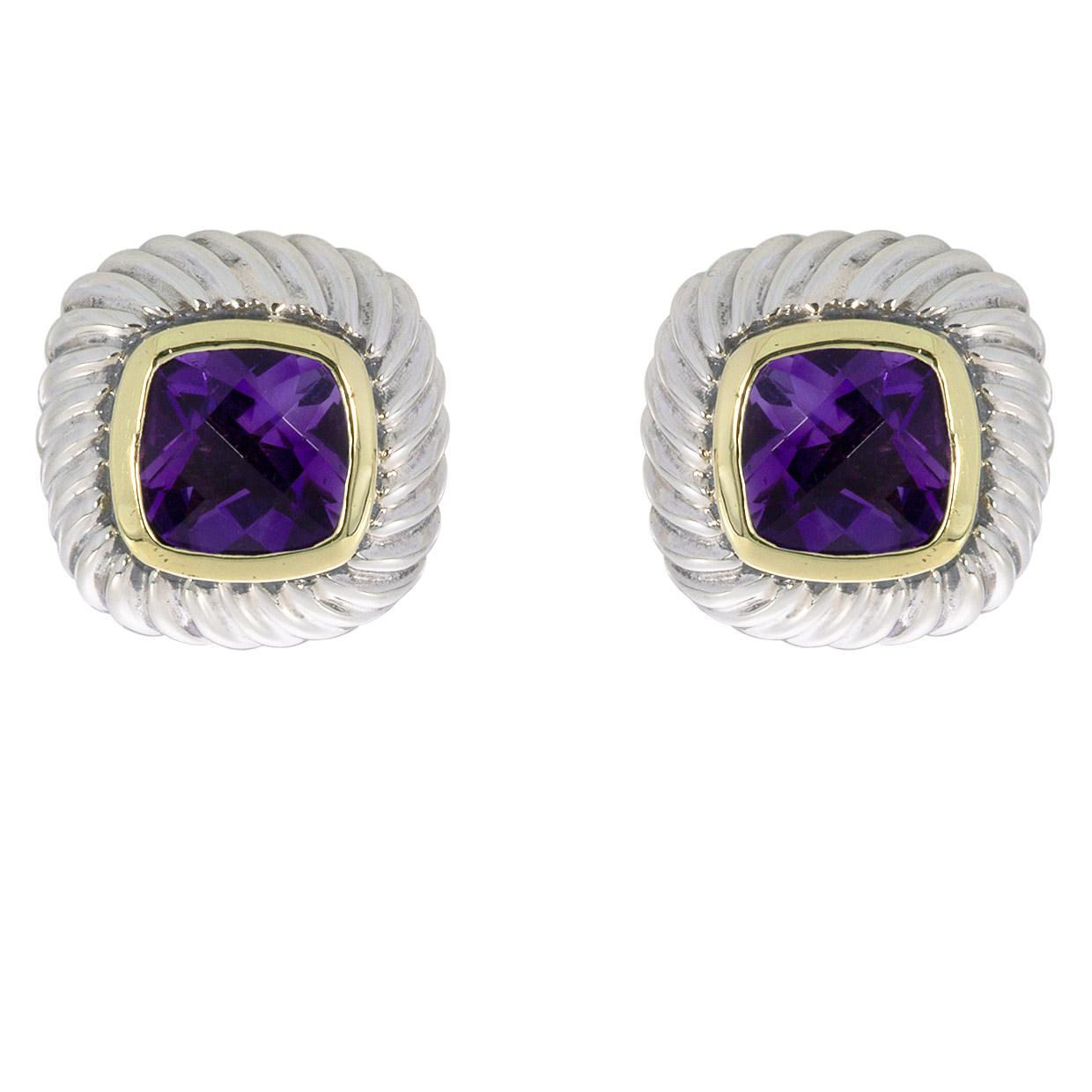 David Yurman Cable Mixed Metals Cushion Cut Amethyst Studded Earrings In Excellent Condition In Columbia, MO