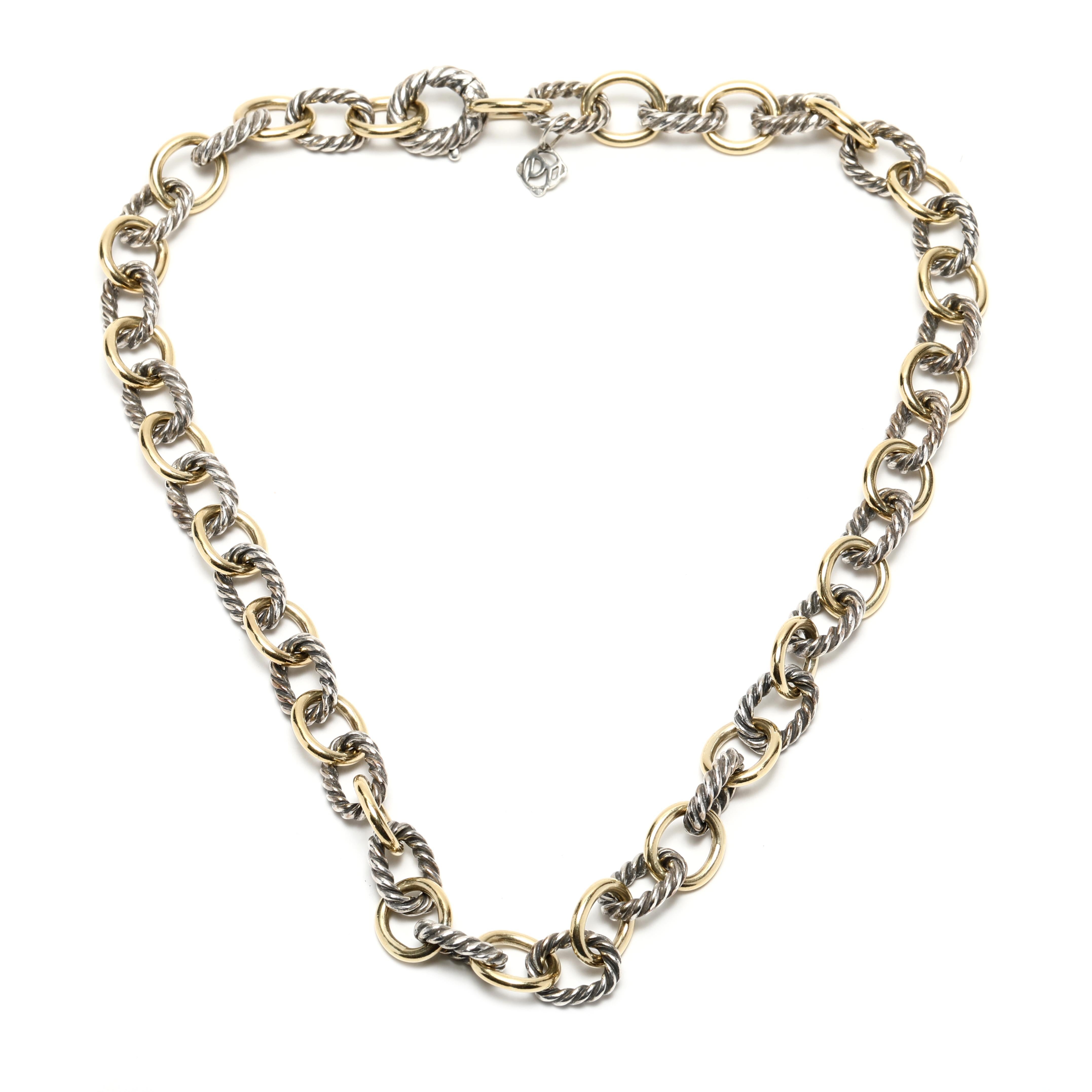 David Yurman Cable Oval Link Chain, 18k Yellow Gold Sterling Silver In Good Condition In McLeansville, NC
