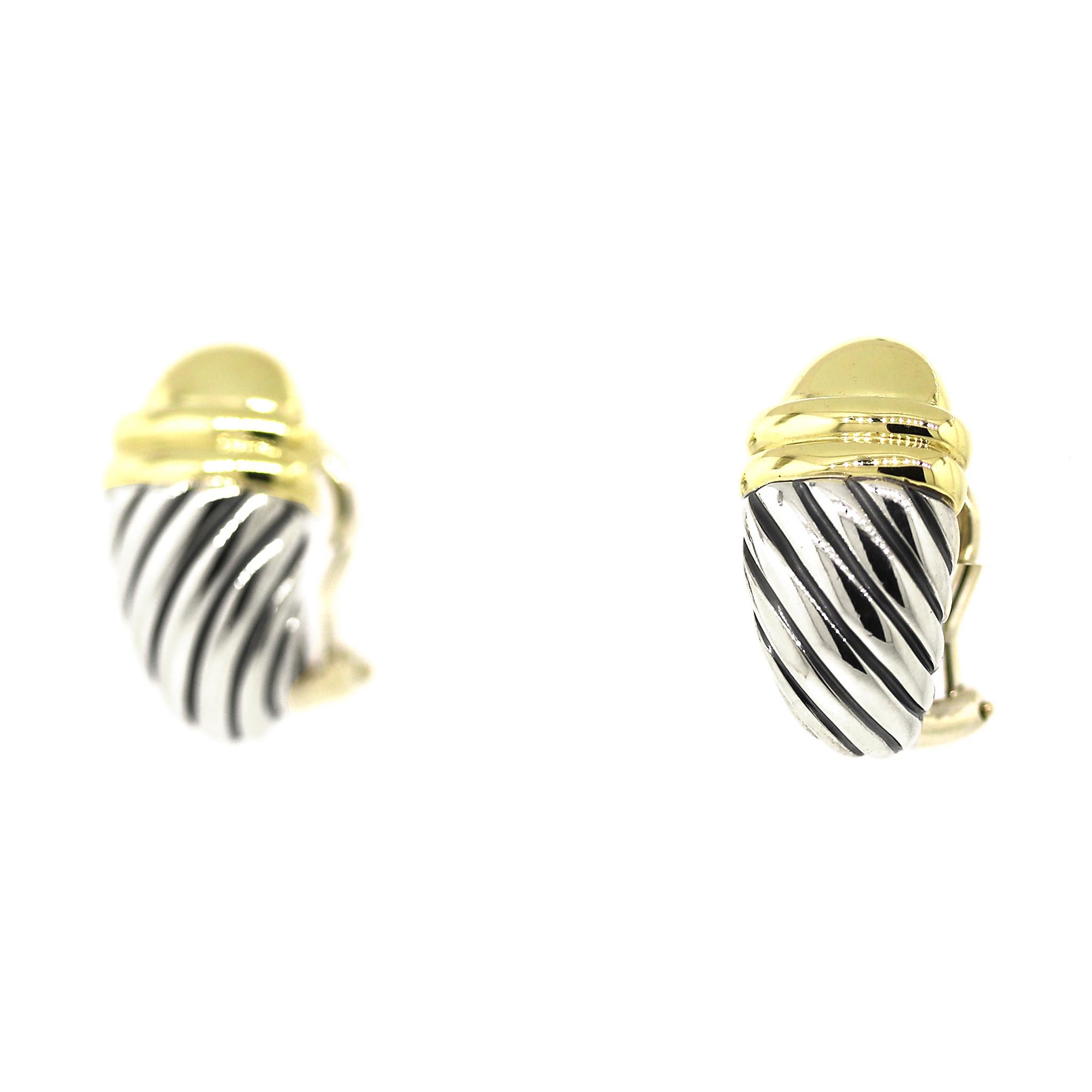 David Yurman Cable Shrimp Earrings in Sterling Silver and 14k Yellow Gold In Good Condition In New York, NY