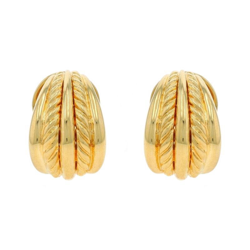 Brand: David Yurman
Design:  Cable Shrimp

Metal Content: 18k Yellow Gold

Style: J-Hoop
Fastening Type: Clip-On Closures

Measurements

Tall: 25/32