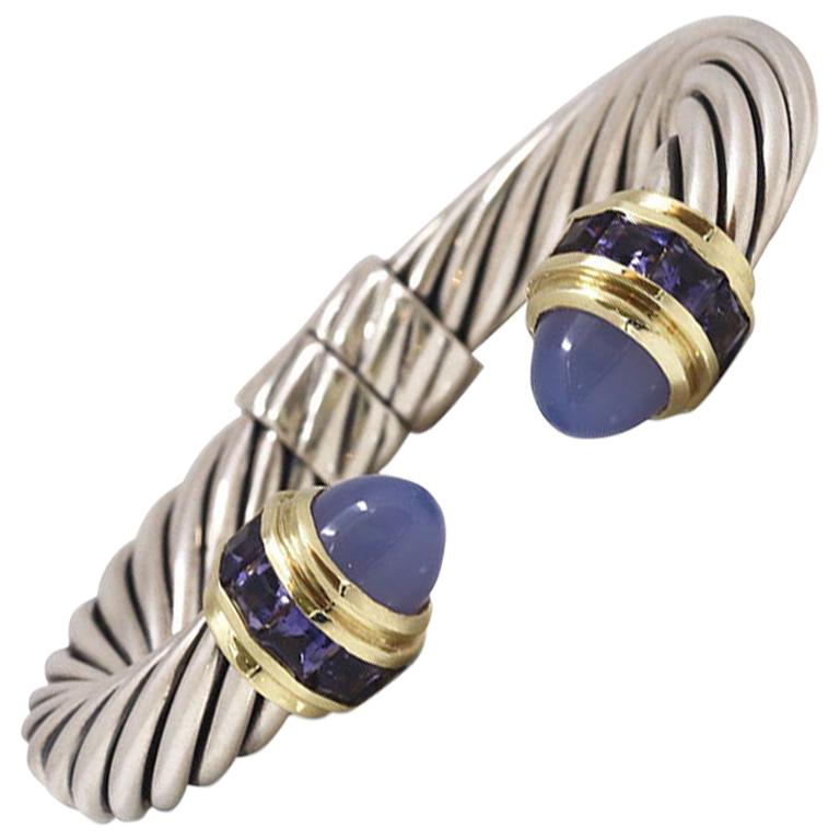 David Yurman 'Cable' Silver, Gold, Amethyst, and Chalcedony Bracelet