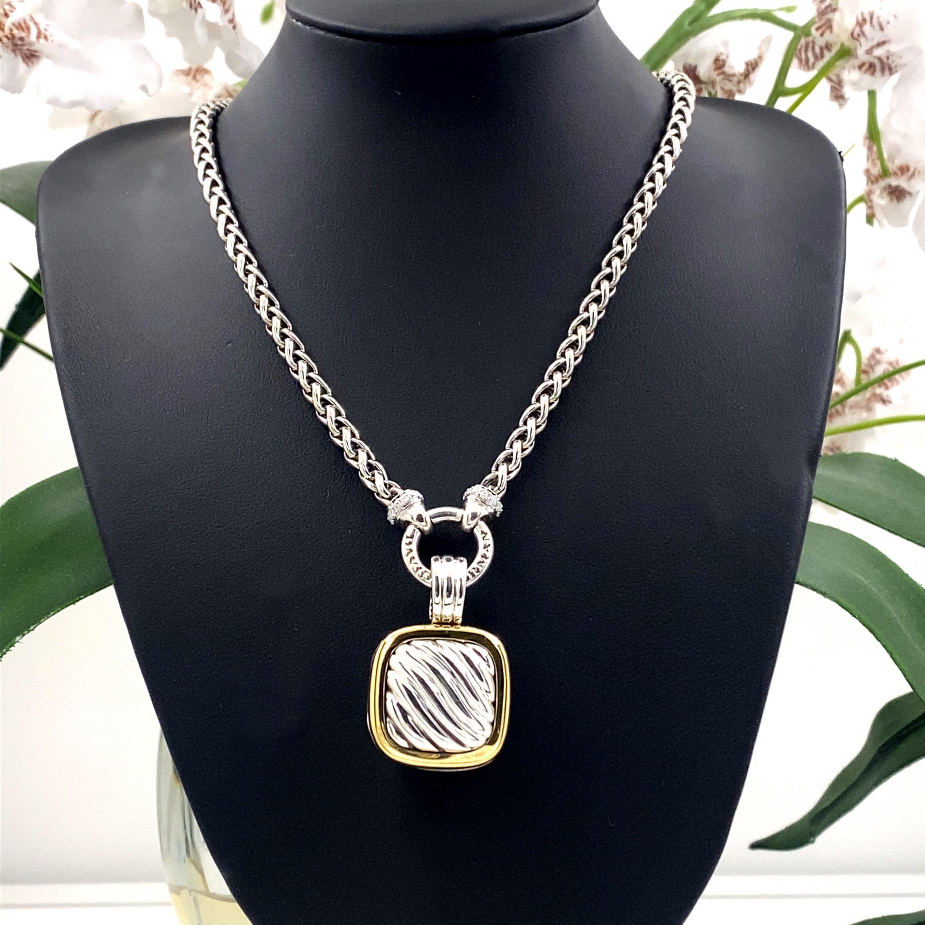 David Yurman Photo Locket on Circle Diamond Wheat Chain
Style:  Pendant Necklace
Metal:  Sterling Silver & 18kt Yellow Gold
Chain:   4 MM Circle Wheat Chain 16.5' inches with Pave Diamond Accents
Locket:  Removable Cable Photo Locket in Sterling