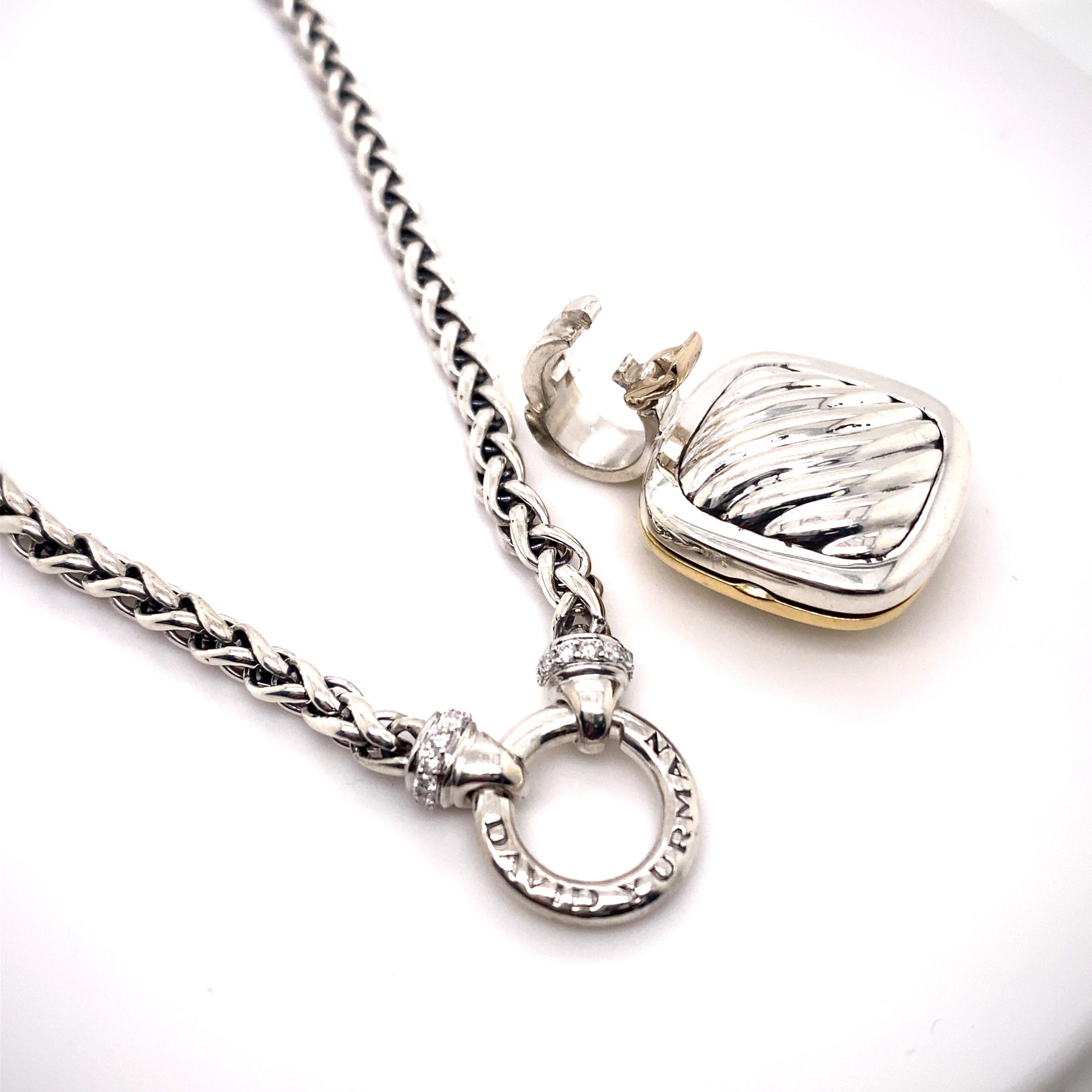 Round Cut David Yurman Cable Square Photo Locket Pendant on Pave Diamond Wheat Chain