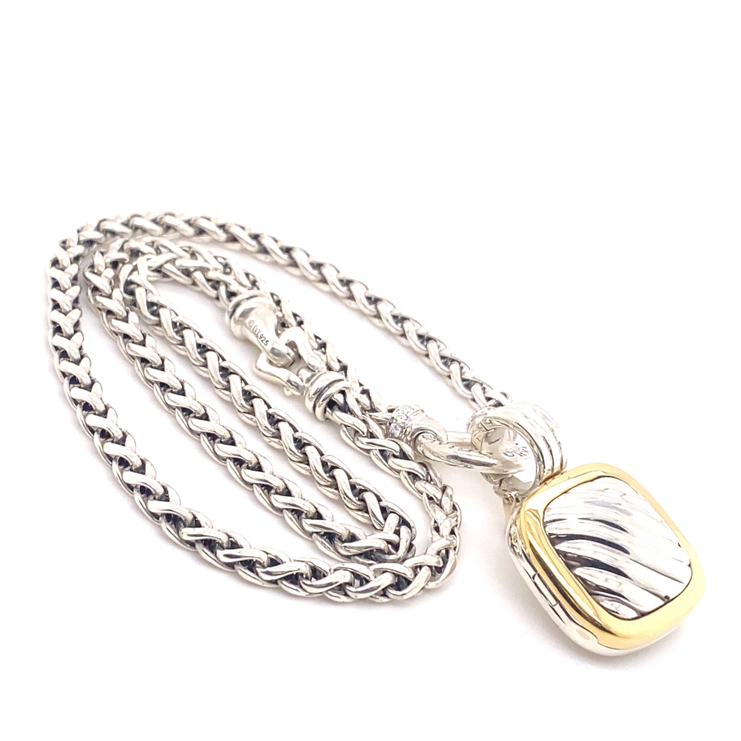 David Yurman Cable Square Photo Locket Pendant on Pave Diamond Wheat Chain In Excellent Condition In San Diego, CA