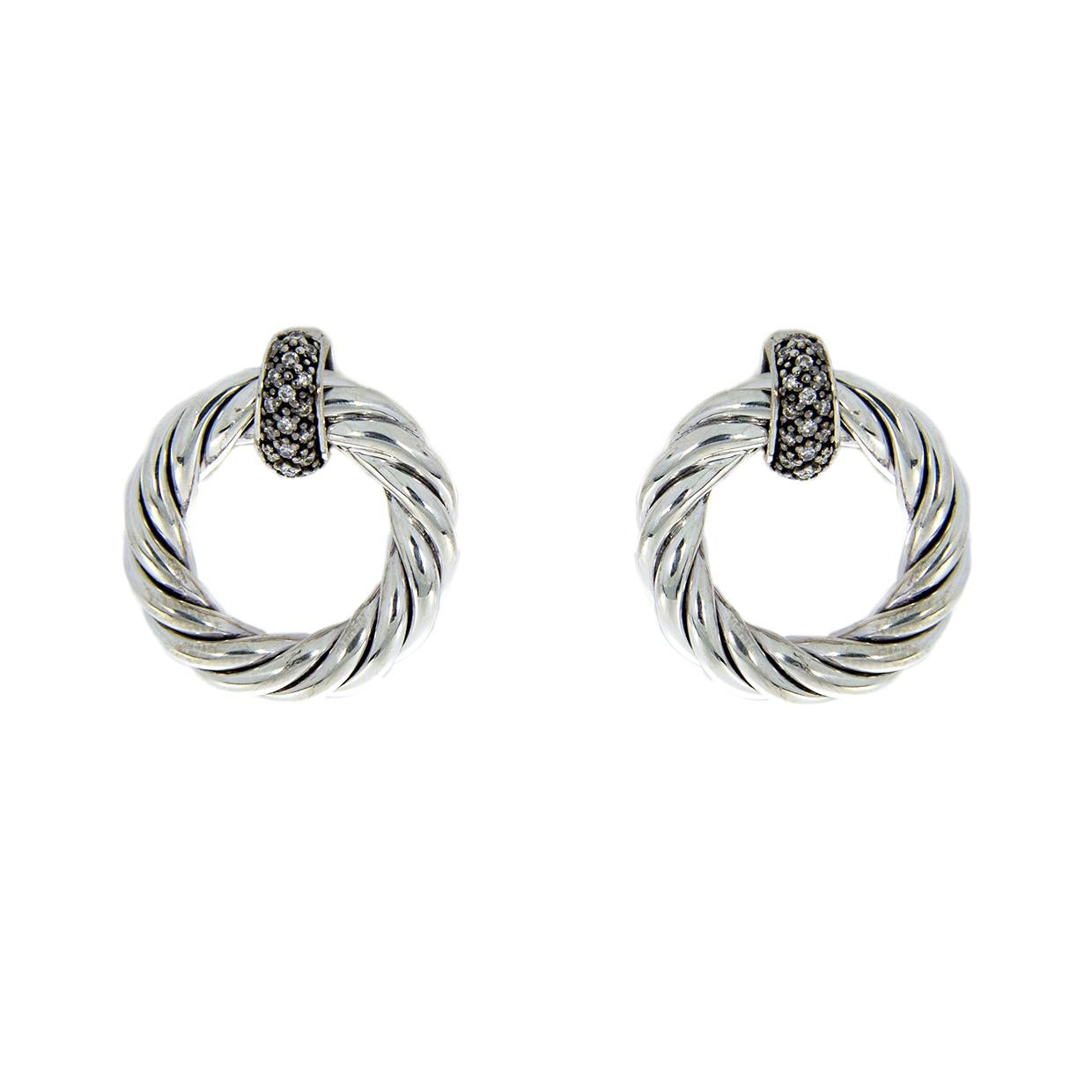 Round Cut David Yurman Cable Sterling Silver 0.23 Carat Round Diamond Drop/Dangle Earrings