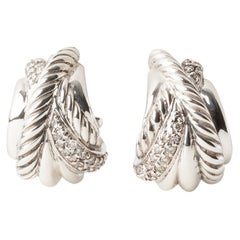 David Yurman Cable Sterling Silver 0.25ct Round Diamond Huggie Earrings