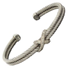 David Yurman Cable Sterling Silver 0.26 Carat Round Diamond Cuff Bracelets