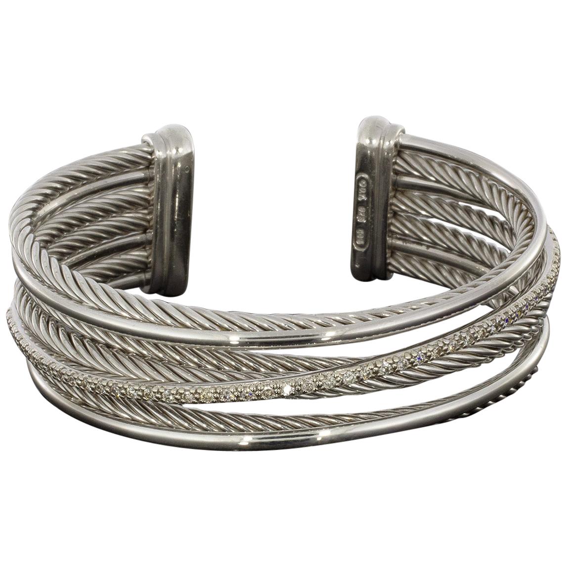 David Yurman Sterling Silver 0.75 Carat Crossover Diamond 7 Row Cuff Bracelet