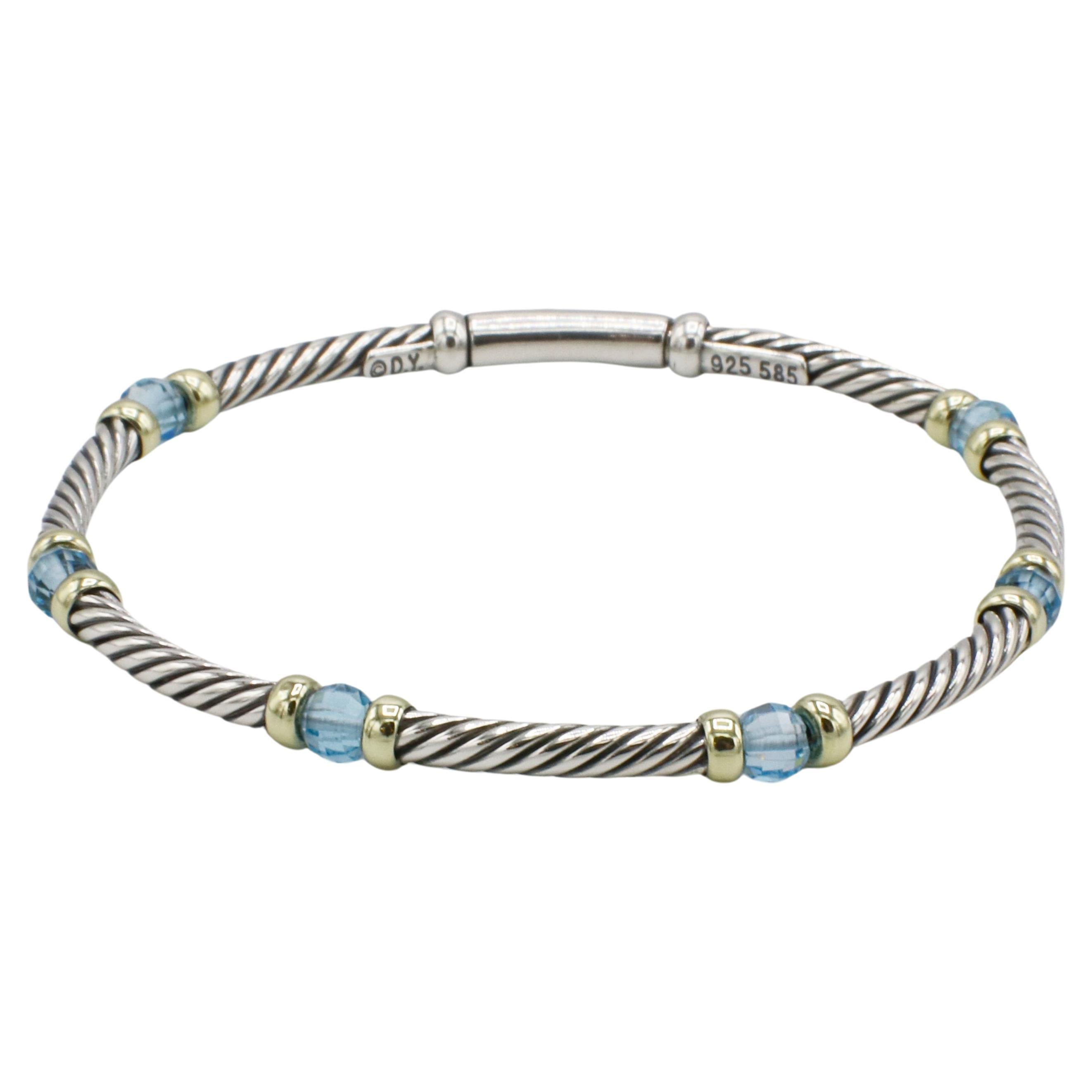 David Yurman Cable Sterling Silver & Gold Blue Topaz Station Bracelet
