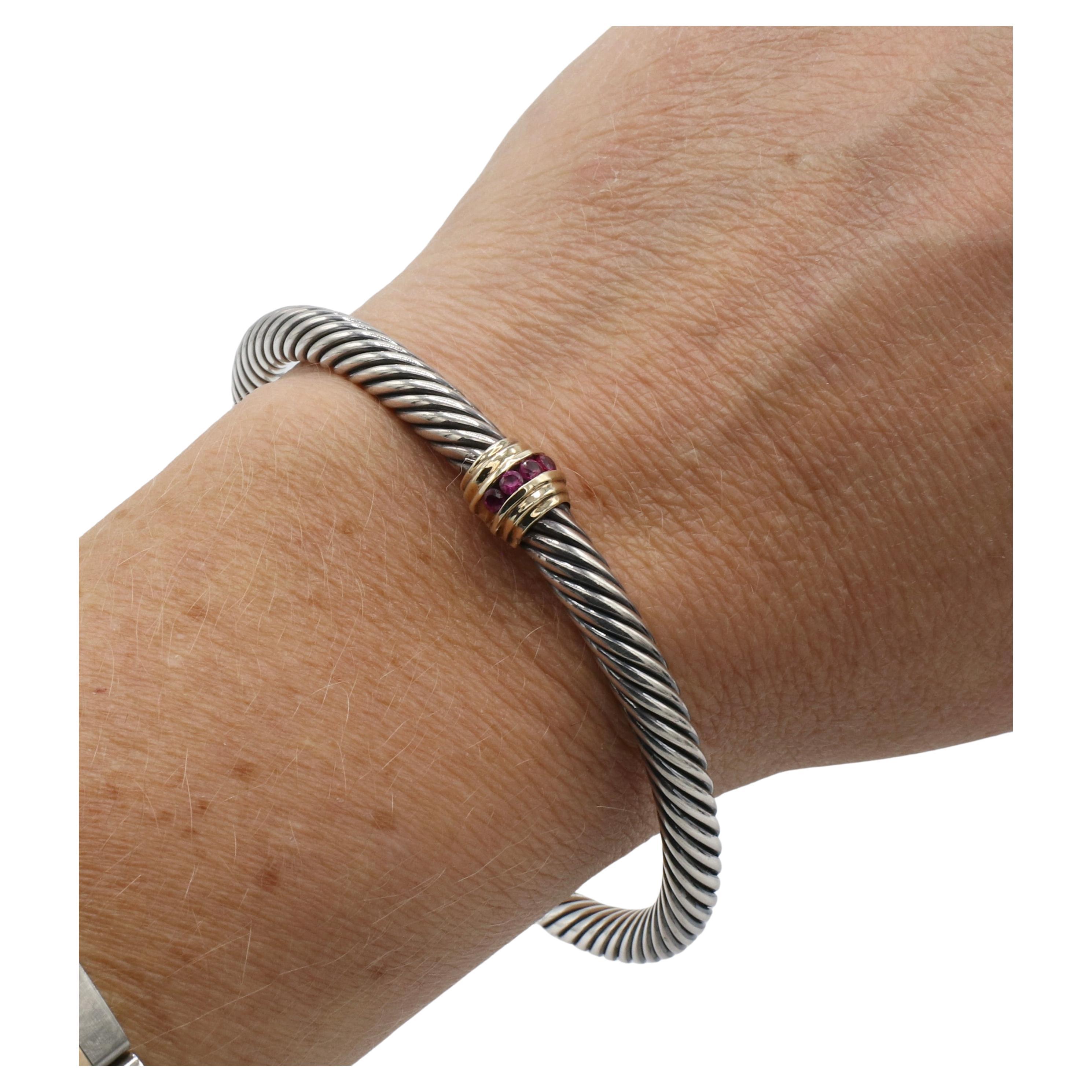 Modern David Yurman Cable Sterling Silver & Gold Ruby Station Cuff Bracelet