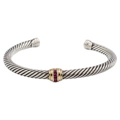 David Yurman Cable Sterling Silver & Gold Ruby Station Cuff Bracelet