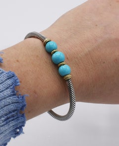 David Yurman Cable Sterling Silver & Gold Turquoise Bead Bracelet