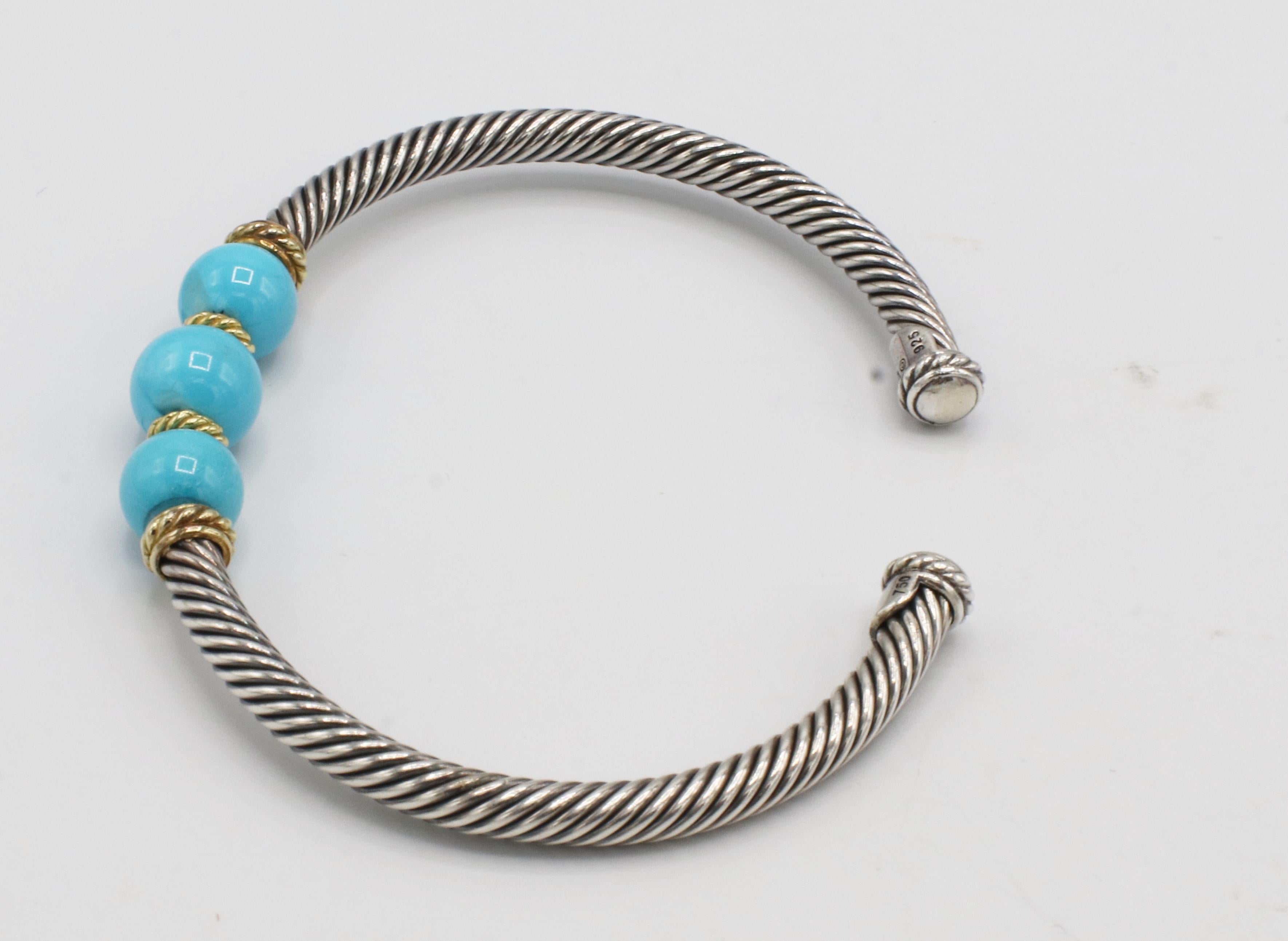 Modern David Yurman Cable Sterling Silver & Gold Turquoise Bead Bracelet