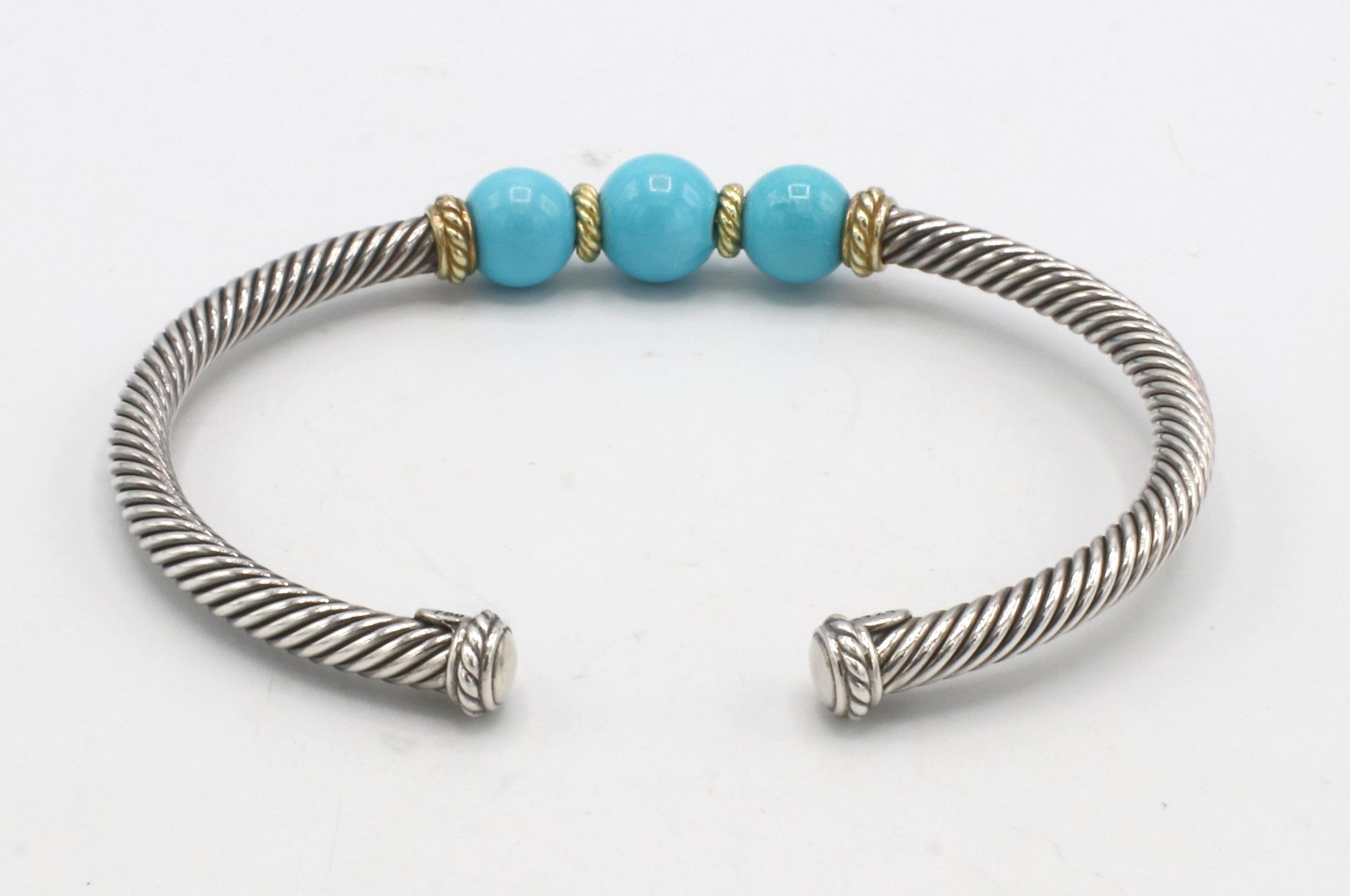 David Yurman Cable Sterling Silver & Gold Turquoise Bead Bracelet In Fair Condition In  Baltimore, MD