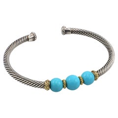 David Yurman Cable Sterling Silver & Gold Turquoise Bead Bracelet
