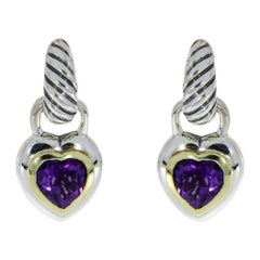 David Yurman Cable Sterling Silver Heart Shape Amethyst Drop/Dangle Earrings