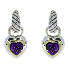 David Yurman Cable Sterling Silver Heart Shape Amethyst Drop/Dangle Earrings