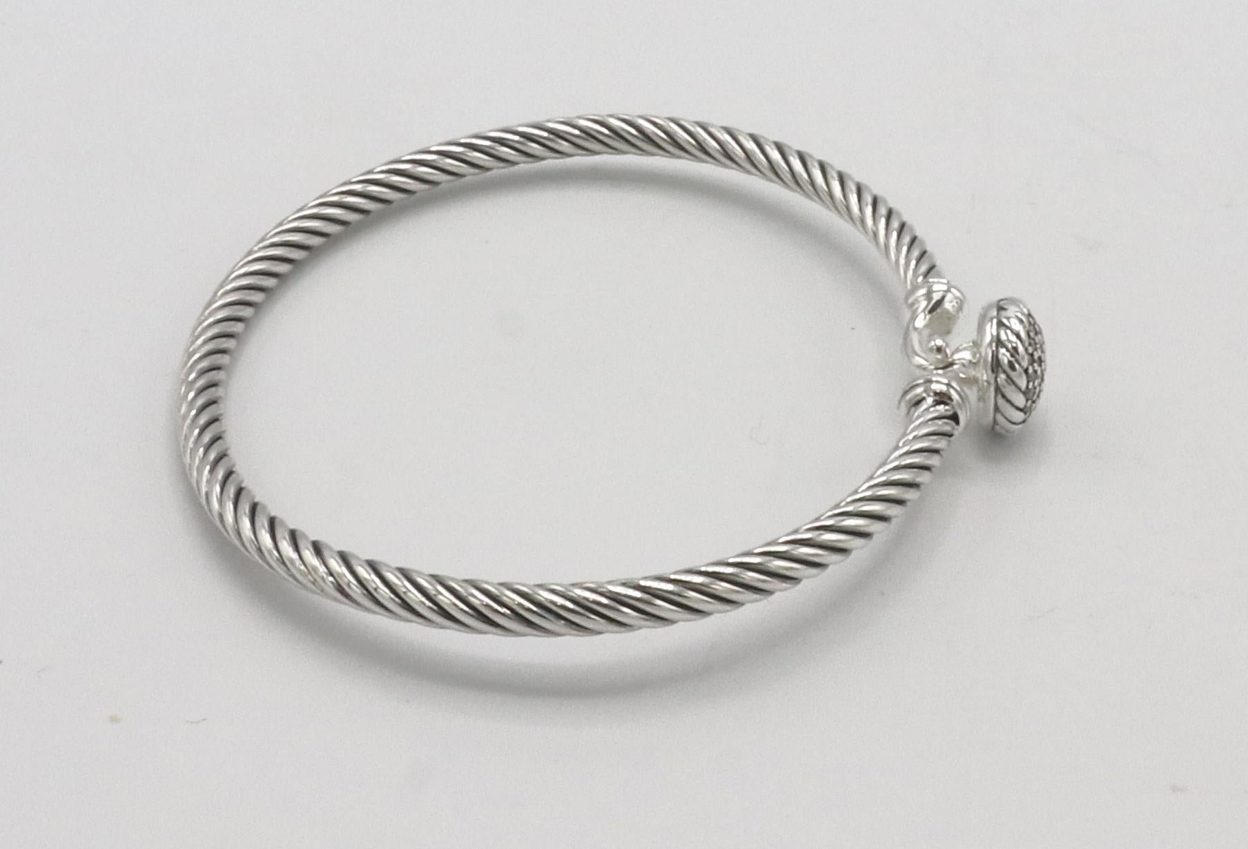 Modern David Yurman Cable Sterling Silver Pave Natural Diamond Hook Clasp Bracelet For Sale