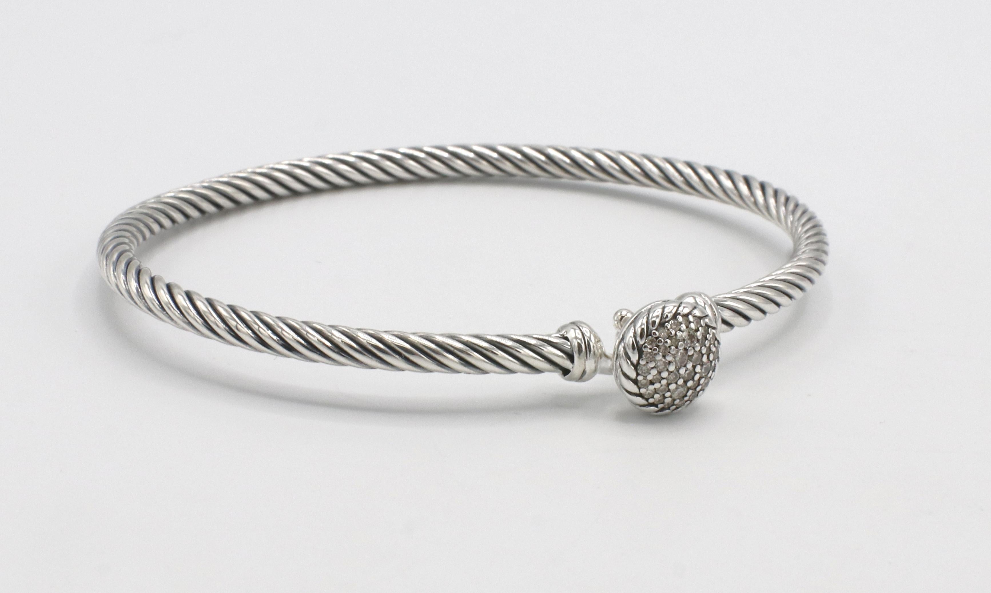 Round Cut David Yurman Cable Sterling Silver Pave Natural Diamond Hook Clasp Bracelet For Sale