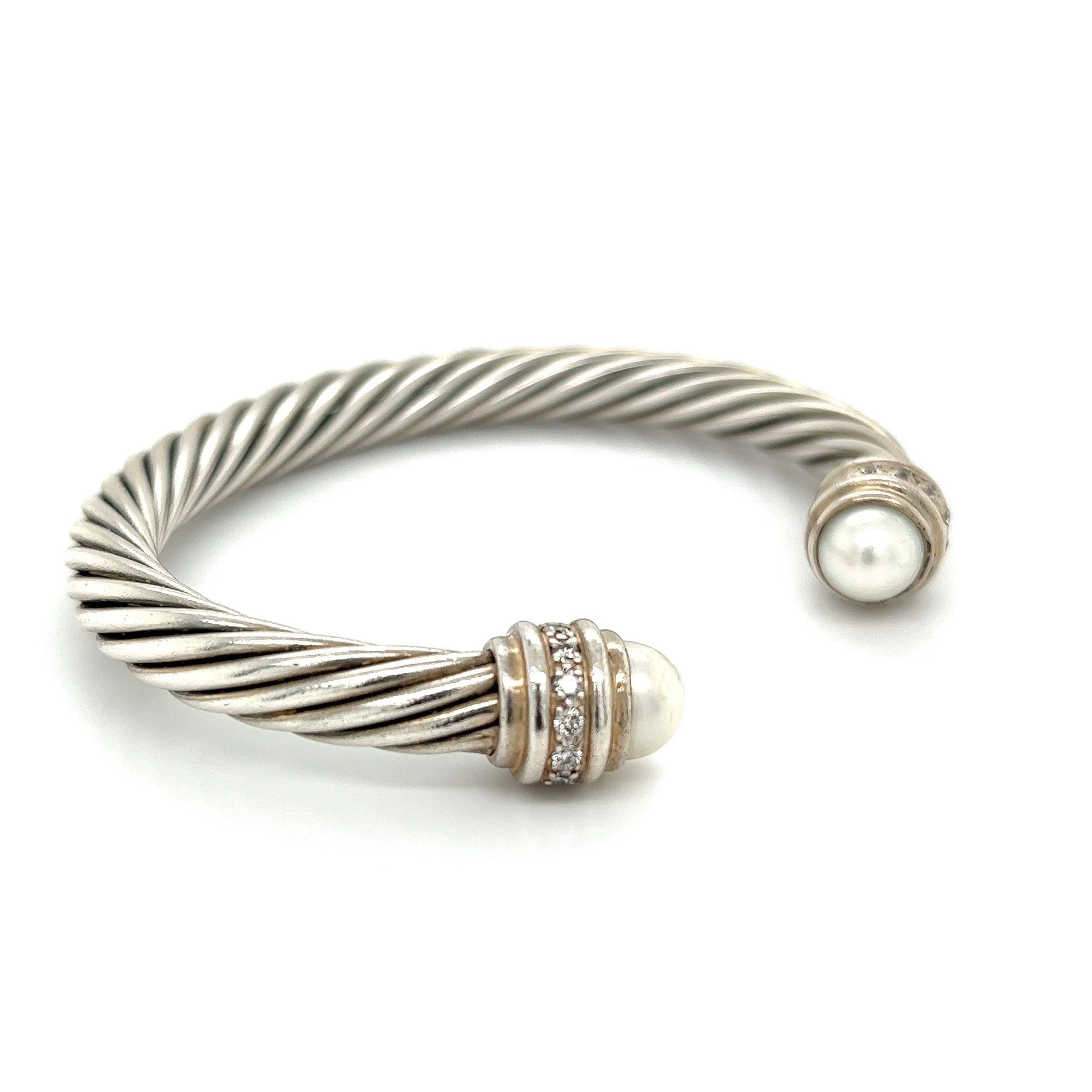 Simply Beautiful! Iconic David Yurman 7.8mm Pearl and Pavé Diamond, weighing approx. 0.41tcw Sterling Silver Classic Cable Cuff Bangle Bracelet. Hand crafted in 925 Sterling Silver. Opening for convenient slipping off and on. More Beautiful in Real