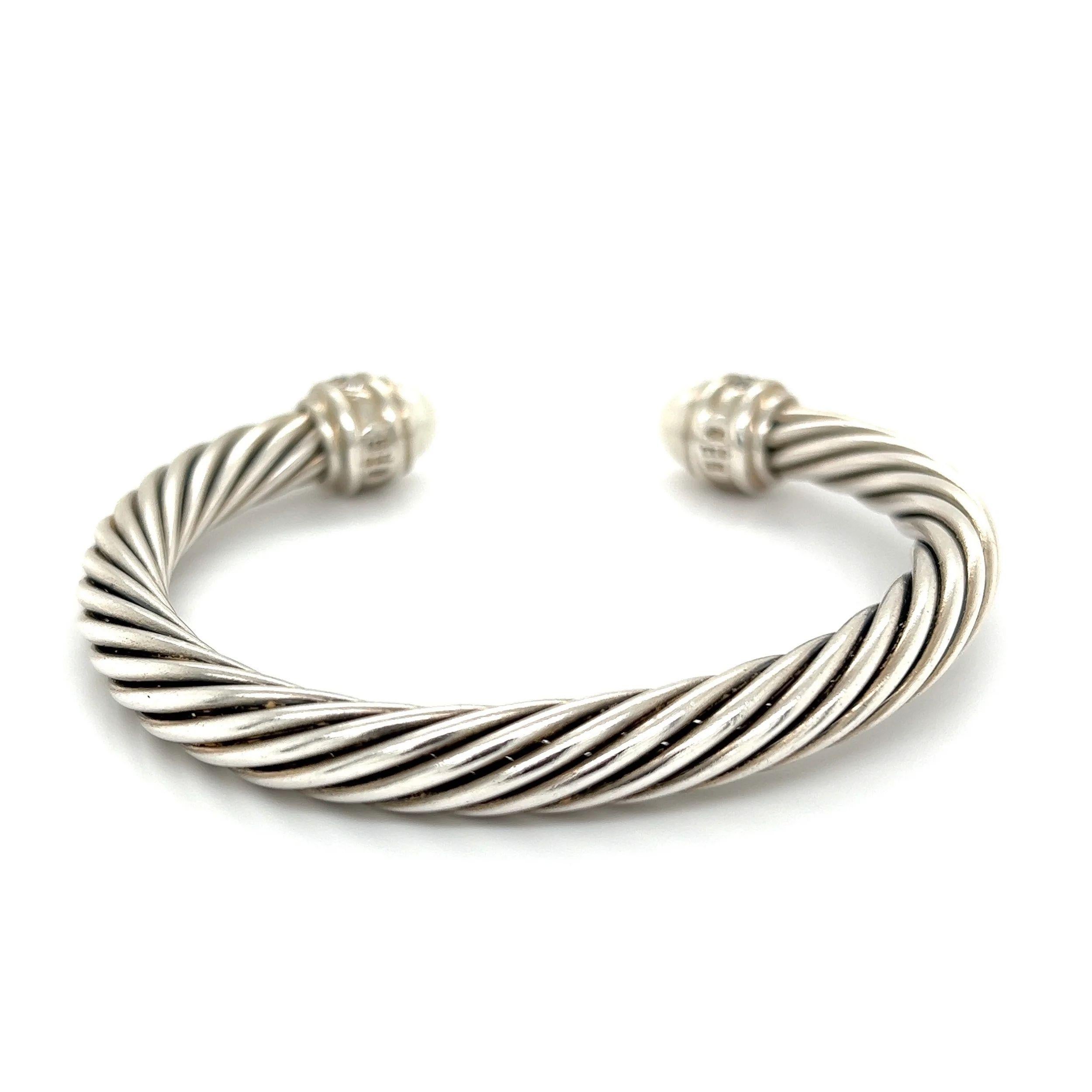 Modern David Yurman Cable Sterling Silver Pearl and Diamond Bangle Cuff Bracelet  For Sale
