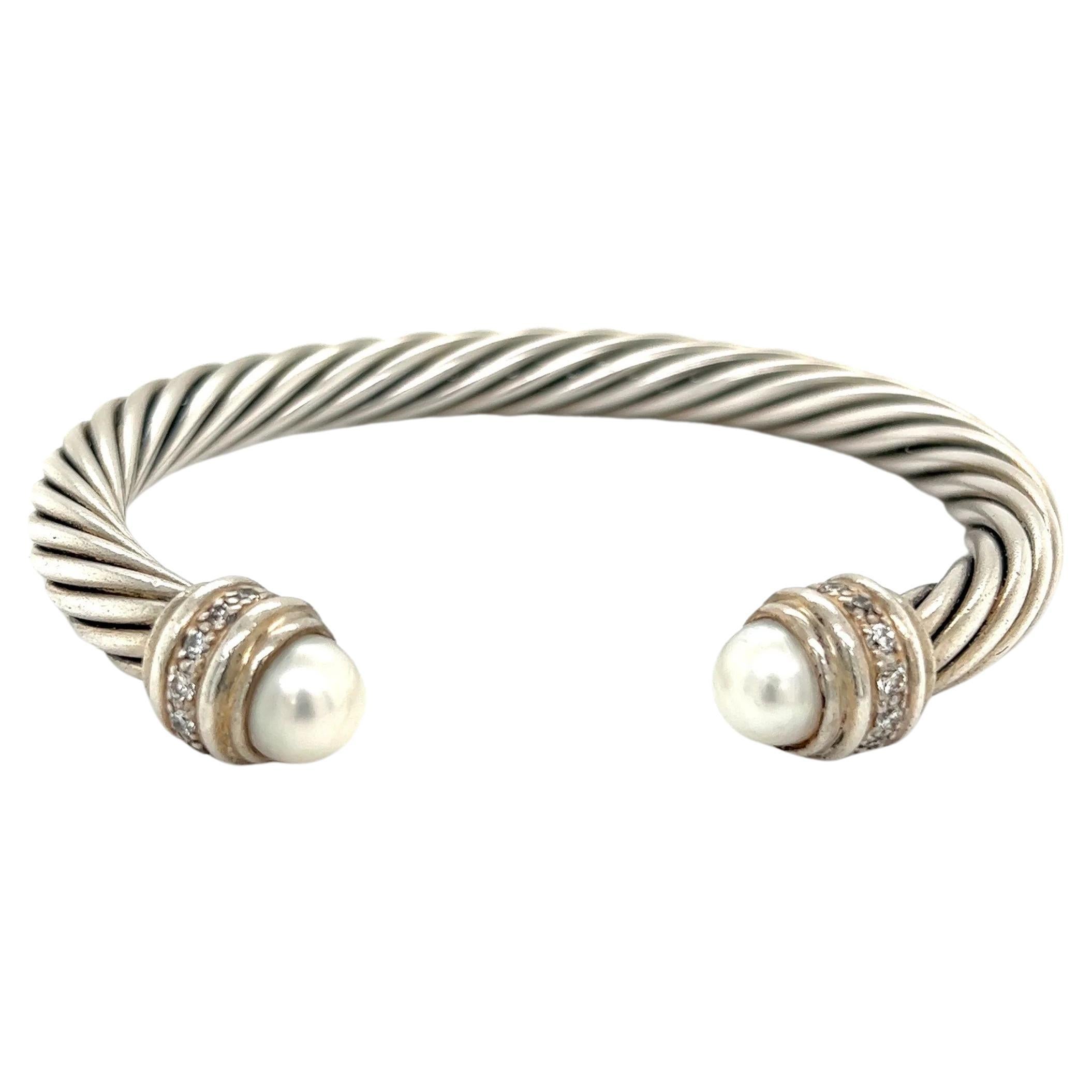 David Yurman Cable Sterling Silver Pearl and Diamond Bangle Cuff Bracelet 