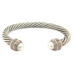 Used David Yurman Cable Sterling Silver Pearl and Diamond Bangle Cuff Bracelet 