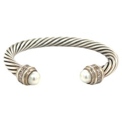 David Yurman Kabel Sterling Silber Perle und Diamant Armreif Manschette Armband 