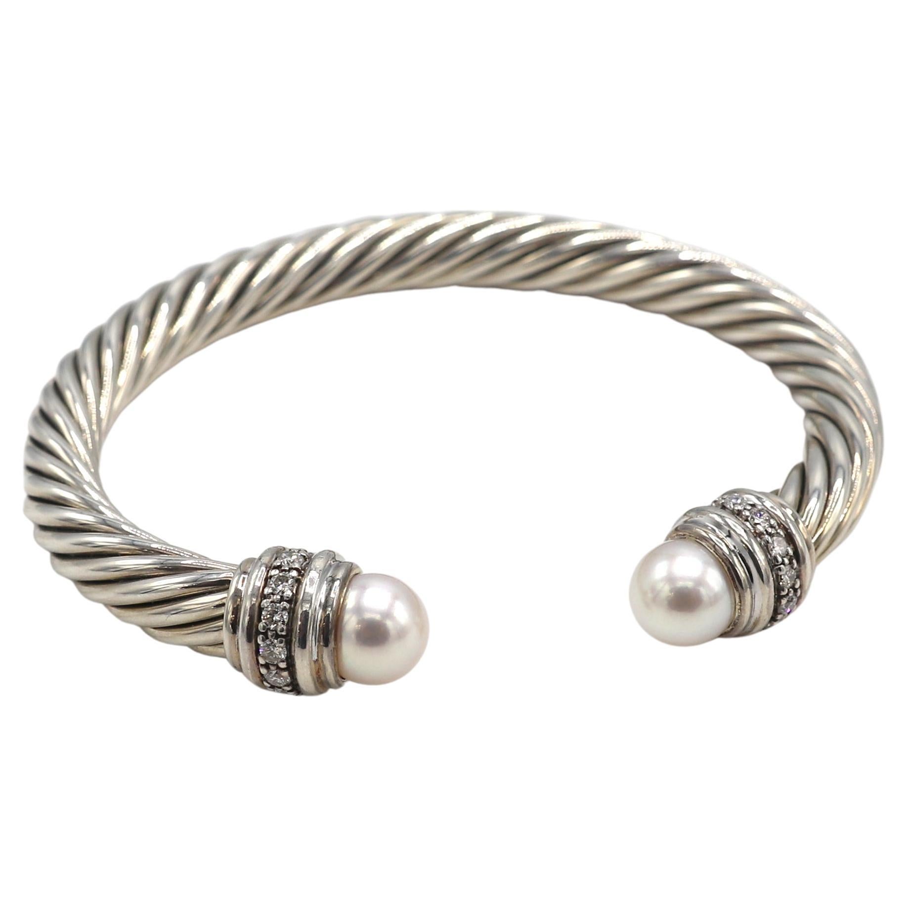 David Yurman Cable Sterling Silver Pearl & Diamond Bangle Cuff Bracelet