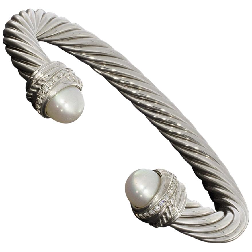 David Yurman Cable Sterling Silver Round Diamond Cuff Bracelet