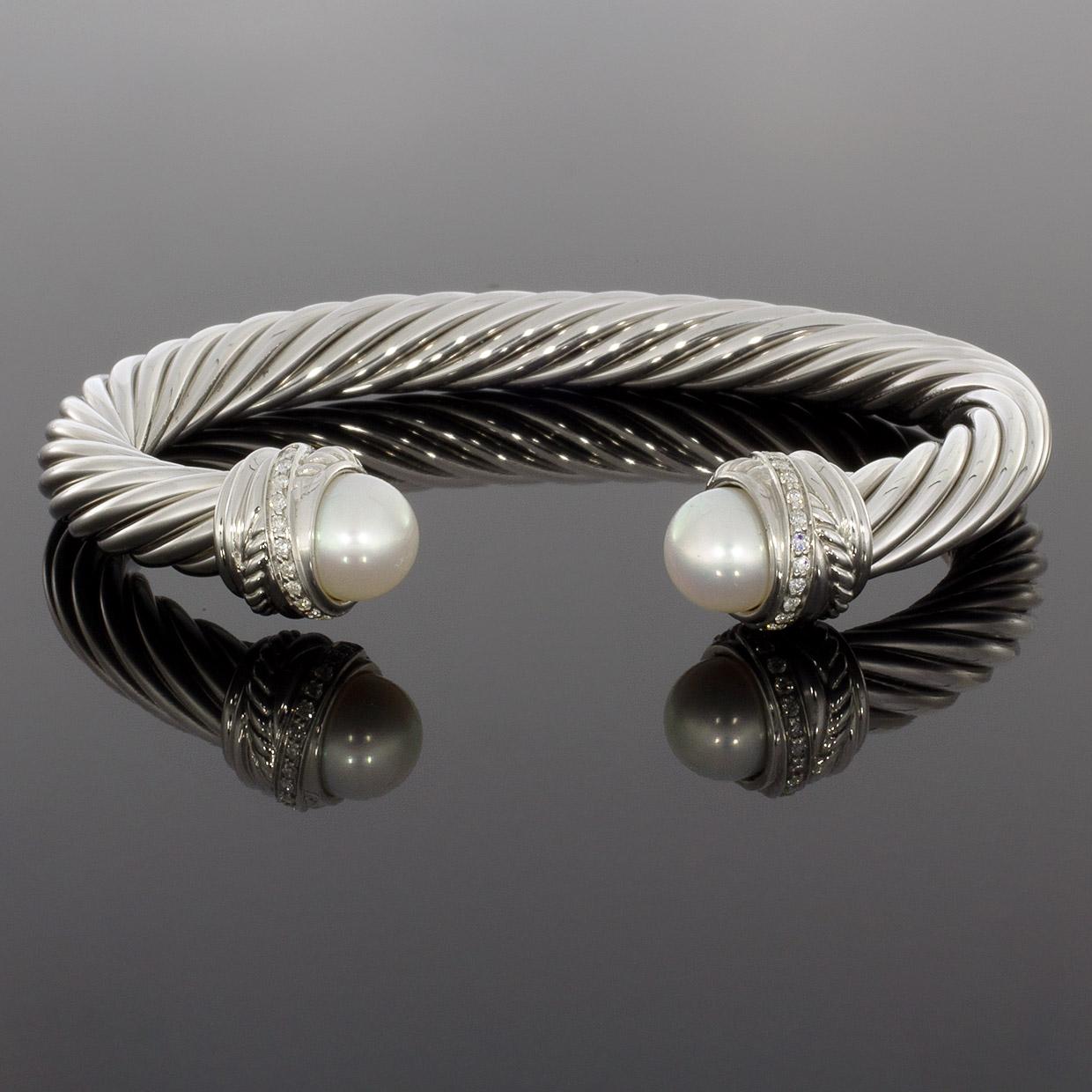 Women's David Yurman Cable Sterling Silver Round Diamond Cuff Bracelet