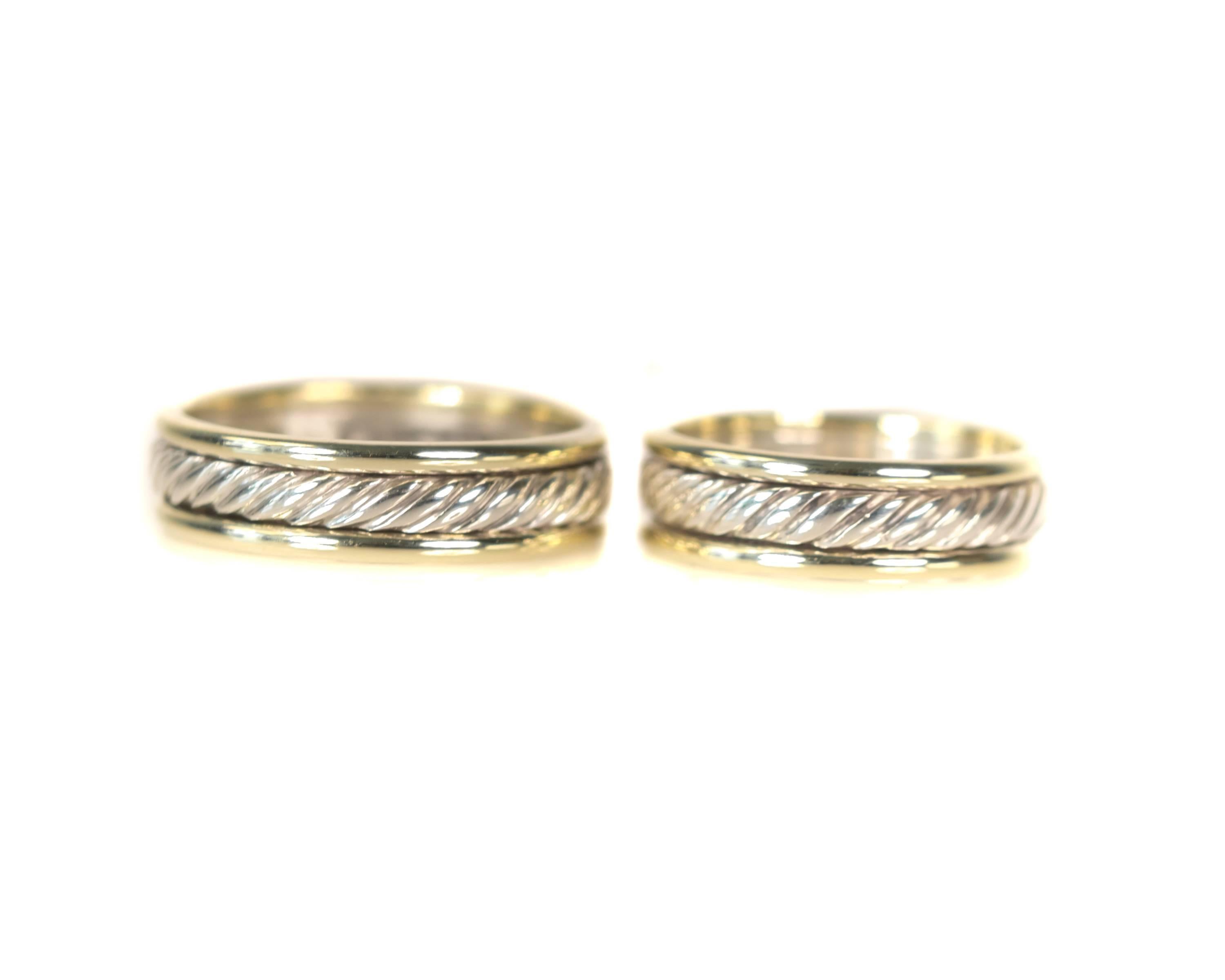 David Yurman Cable Classics Wedding Bands, Set of 2 - 14 Karat Yellow Gold, Sterling Silver

These designer rings feature David Yurman's Cable Classics design. The ring's inner shank and outer Cable Rope design are crafted from shining Sterling